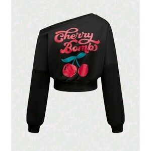 ROMWE Black Cherry Bomb Off-Shoulder Sweatshirt
